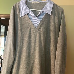 Women's Long Sleeve Contrast Collar Shirt A-line Pleated Office Tunic